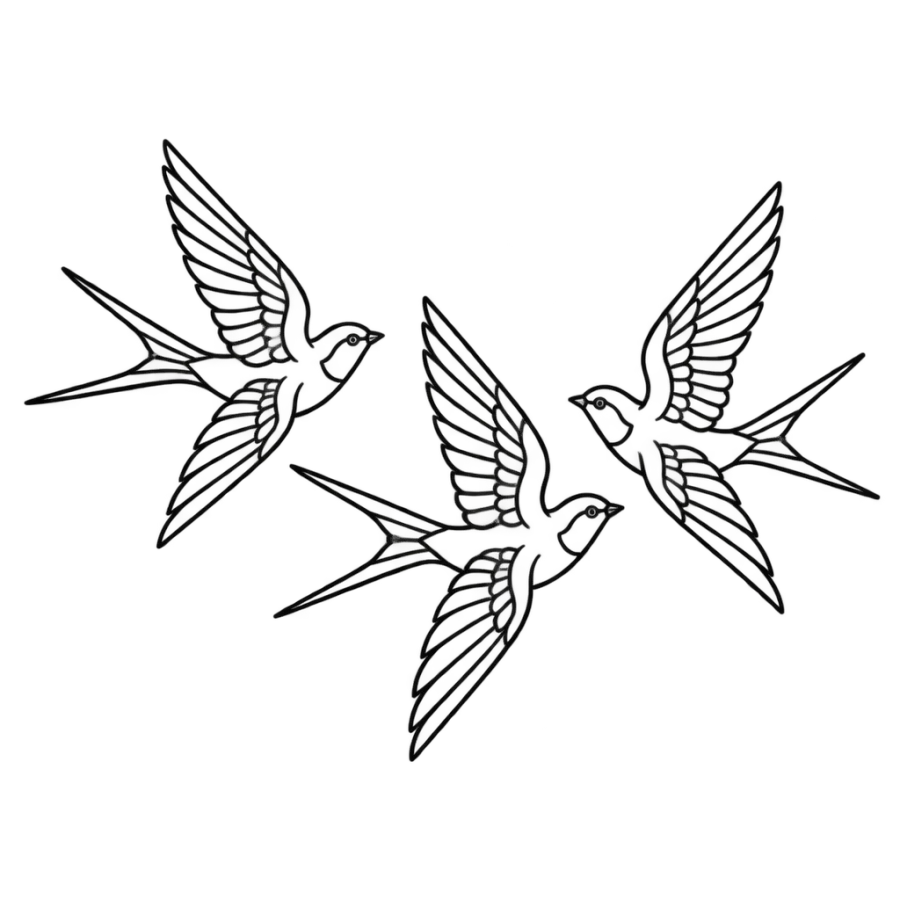 Tattoo stencil outline of three swallows flying across a wide band