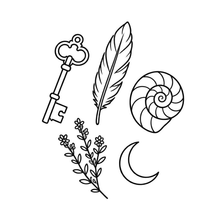 Tattoo stencil outline cluster of a key, feather, seashell and crescent