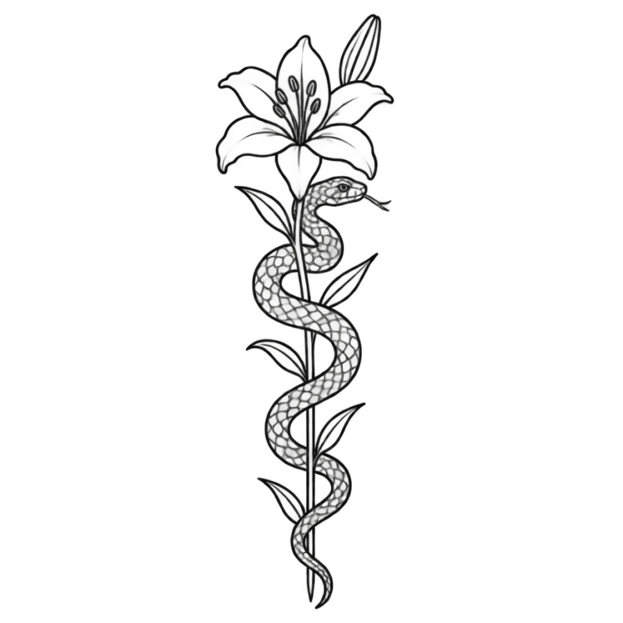 Stencil outline tattoo design of a snake coiled around a tall lily