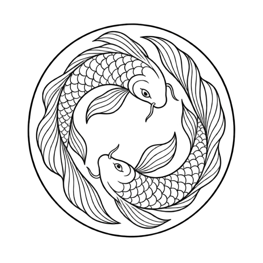 Printable koi fish stencil mirrored as a symmetrical pair in outline