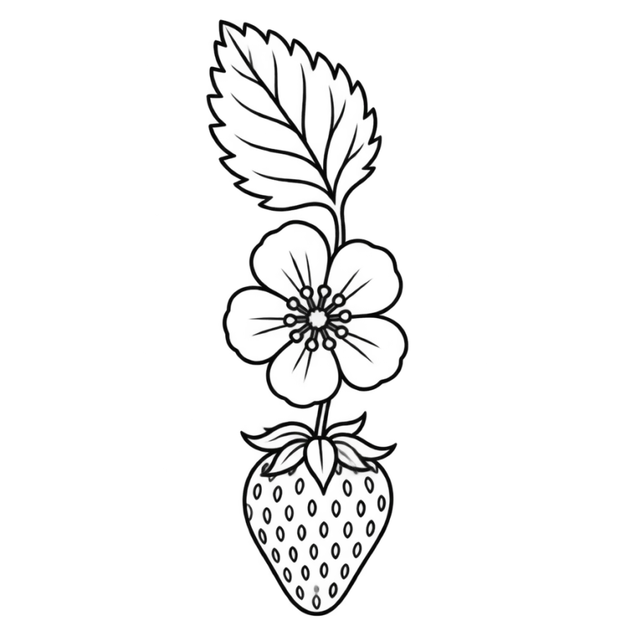 Strawberry botanical tattoo stencil with leaf, blossom and berry in outline