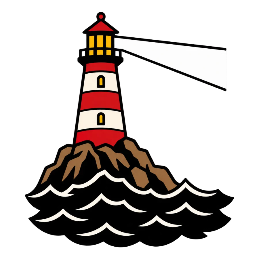 American traditional tattoo design of a lighthouse beaming over black water