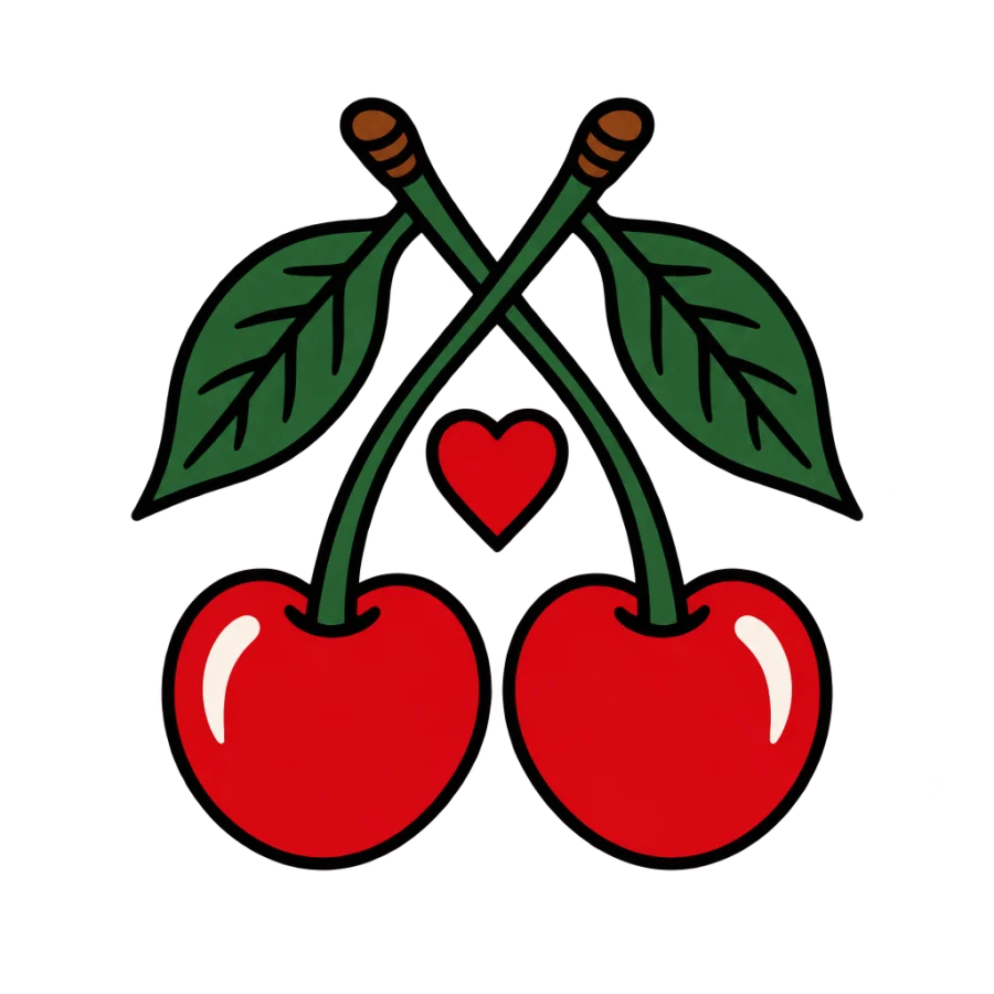 American traditional tattoo design of mirrored cherries framing a heart