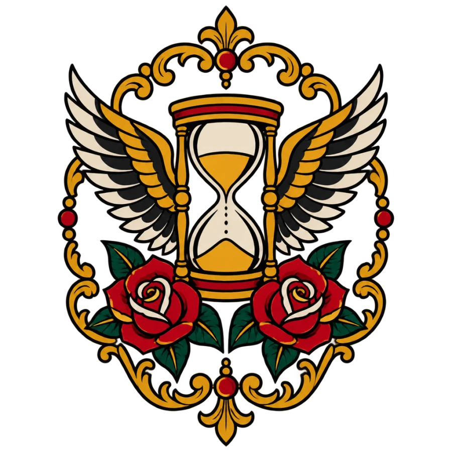 American traditional tattoo design of a winged hourglass in a scroll frame