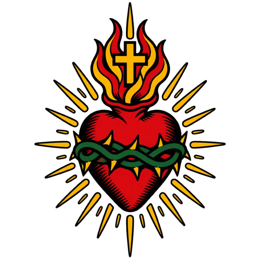 American traditional tattoo design of a flaming sacred heart with rays