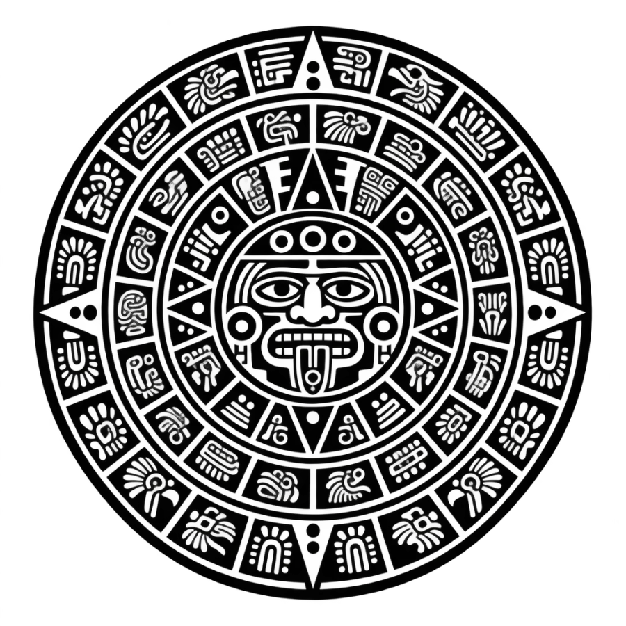 Blackwork Aztec sun stone calendar medallion tattoo with carved glyph rings