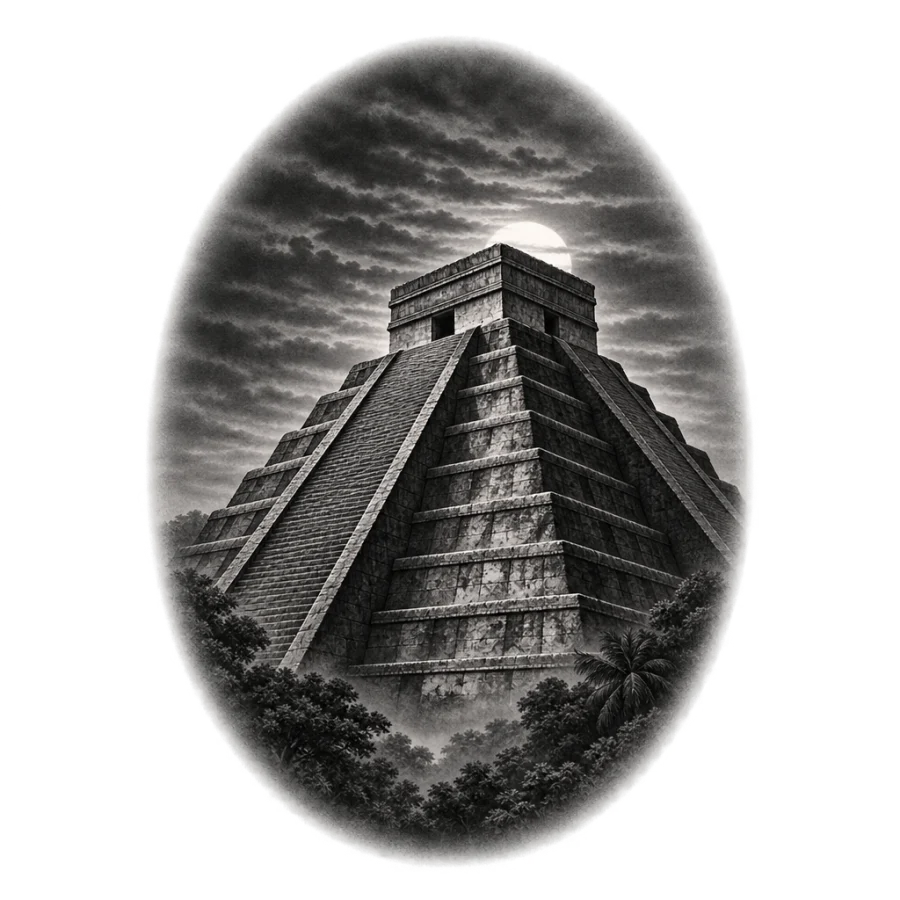 Black and grey realism Aztec pyramid tattoo framed in a dusk vignette