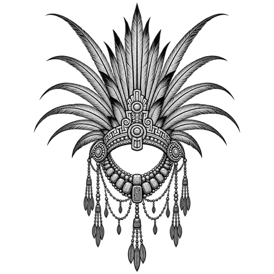 Ornamental Aztec headdress and bead collar tattoo with lace filigree detail