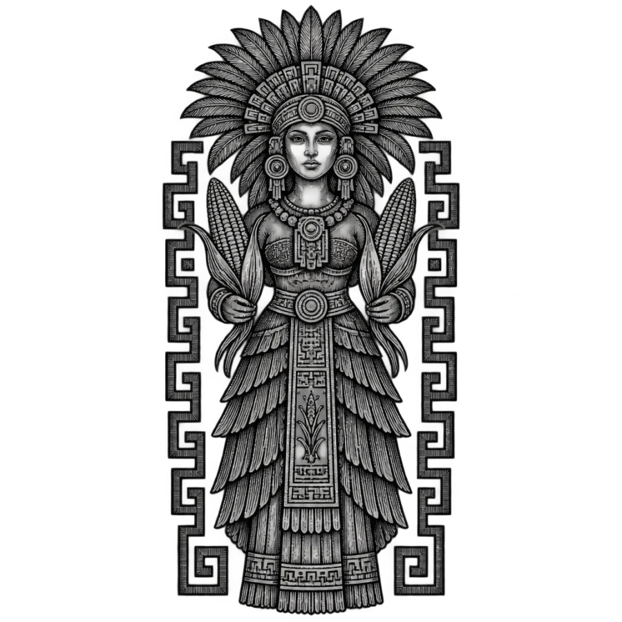 Engraved Aztec maize goddess tattoo design with step fret borders