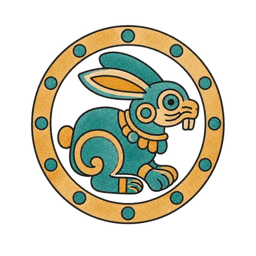 Watercolor Aztec rabbit day glyph tattoo in a round stone cartouche
