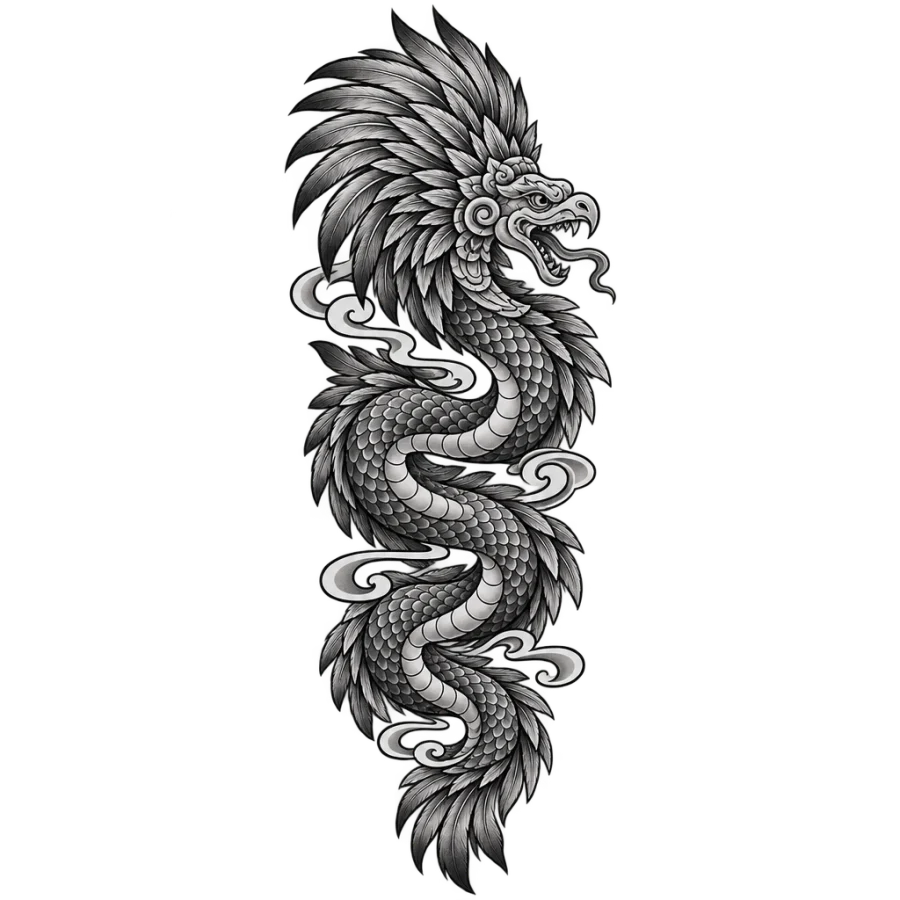 Japanese style Aztec feathered serpent tattoo coiling in a tall column