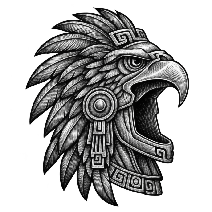 Engraving style Aztec eagle warrior helmet tattoo in three quarter profile