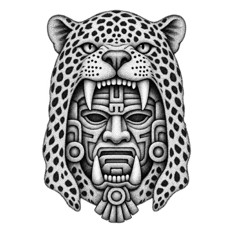 Dotwork Aztec jaguar warrior mask tattoo shaded only with stippling
