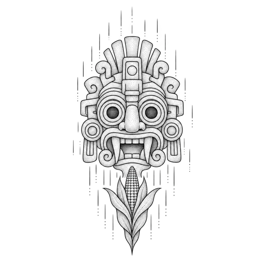 Fine line Aztec Tlaloc rain god mask tattoo with rain and maize