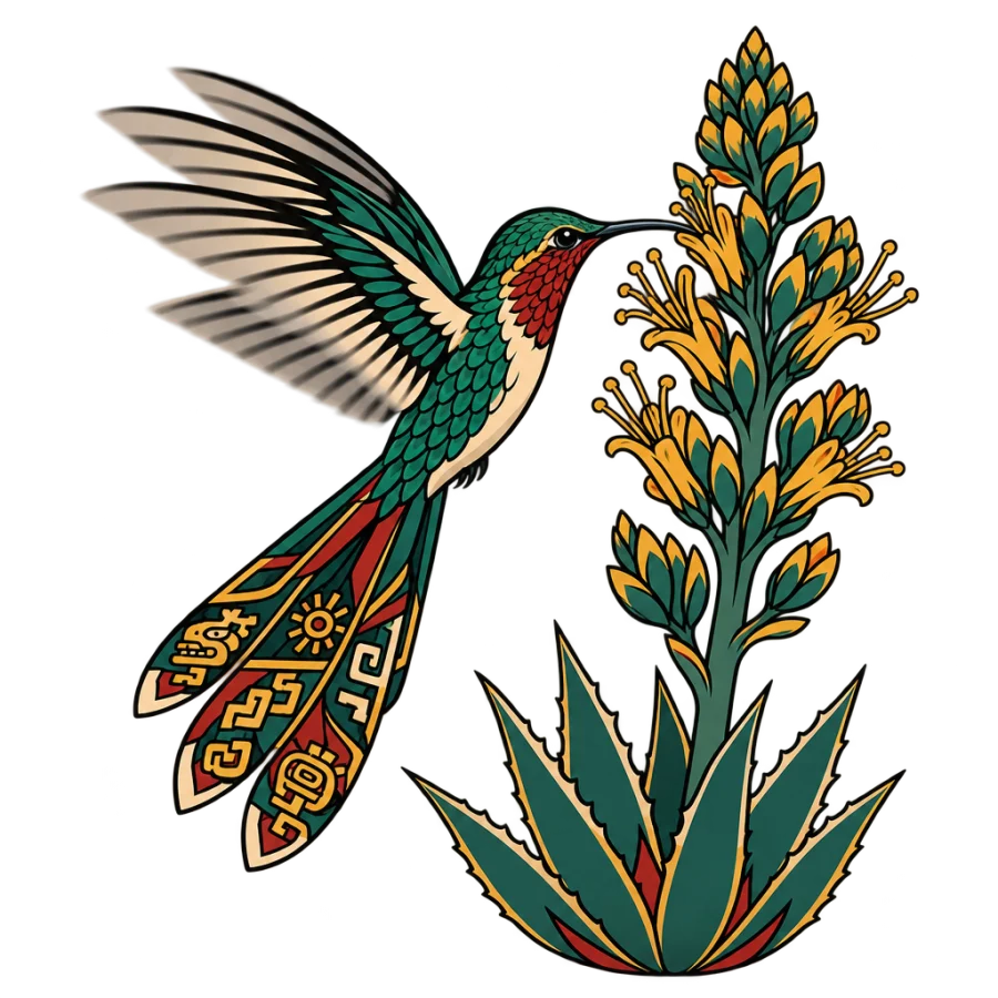 Neo traditional Aztec hummingbird tattoo with agave bloom and glyph feathers