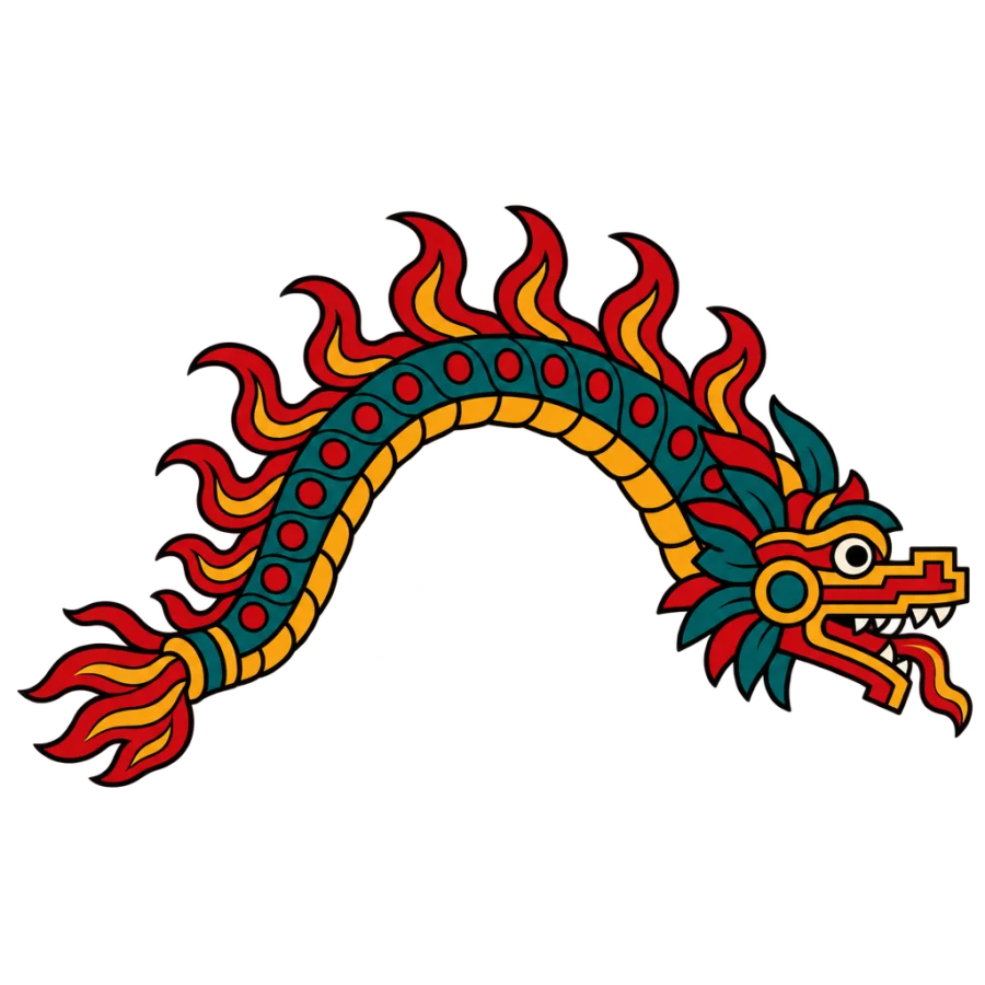 American traditional Aztec fire serpent tattoo arching in a wide band