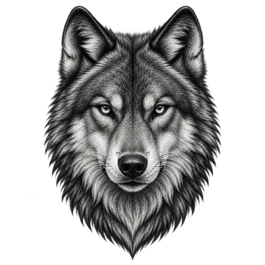 Black and grey realism tattoo design of a wolf portrait with detailed fur