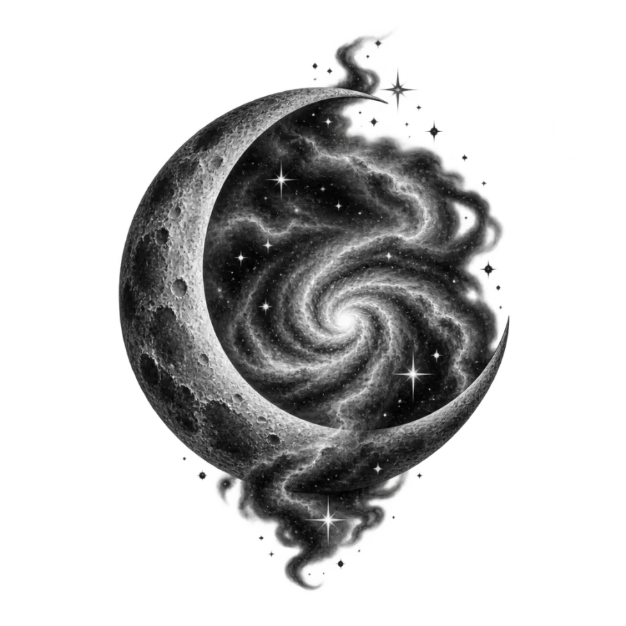 Black and grey realism tattoo design of a crescent moon holding a nebula