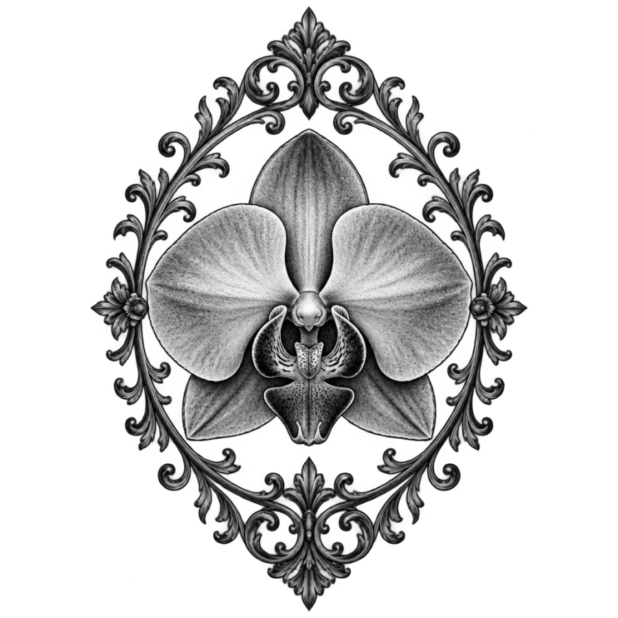 Black and grey realism orchid tattoo design in an ornate filigree frame
