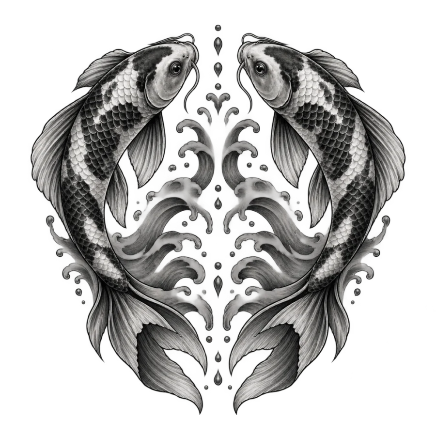 Black and grey realism tattoo design of two mirrored koi over rippling water