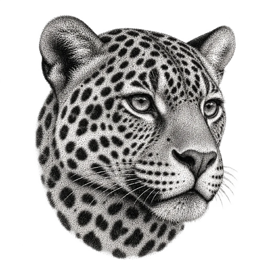 Realistic jaguar head tattoo design rendered entirely in dotwork stippling