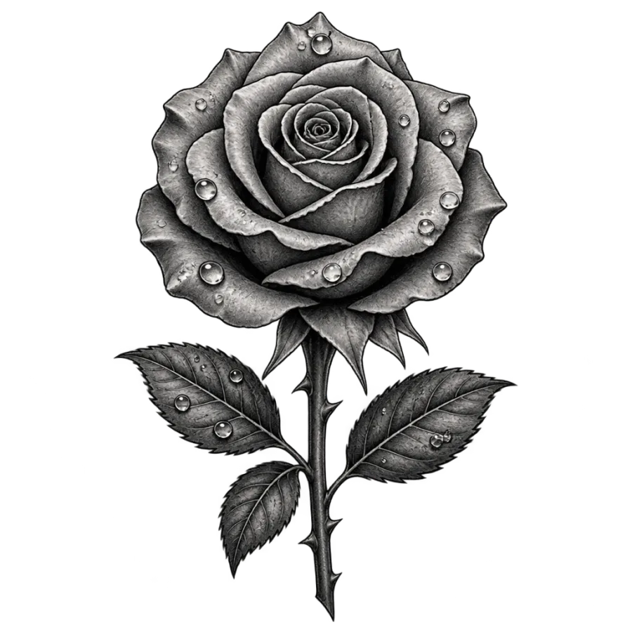 Black and grey realism tattoo design of a rose with dewdrops on its petals