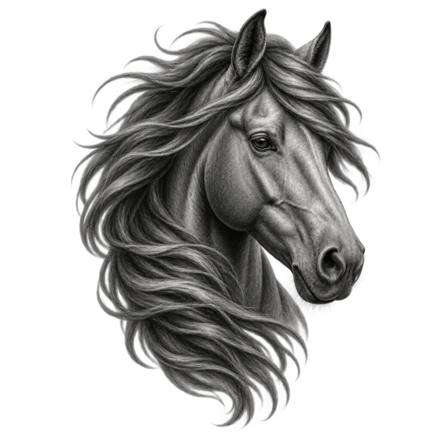 Black and grey realism tattoo design of a horse head with flowing mane