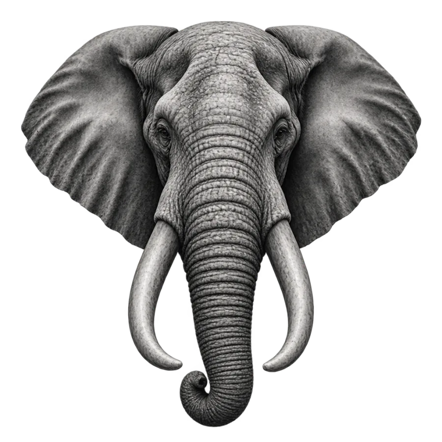Black and grey realism tattoo design of an elephant head with curved tusks