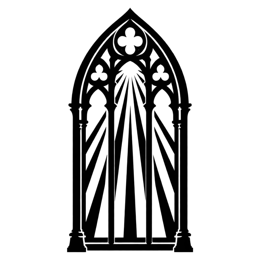 Blackwork tattoo design of a gothic arch window with streaming light rays