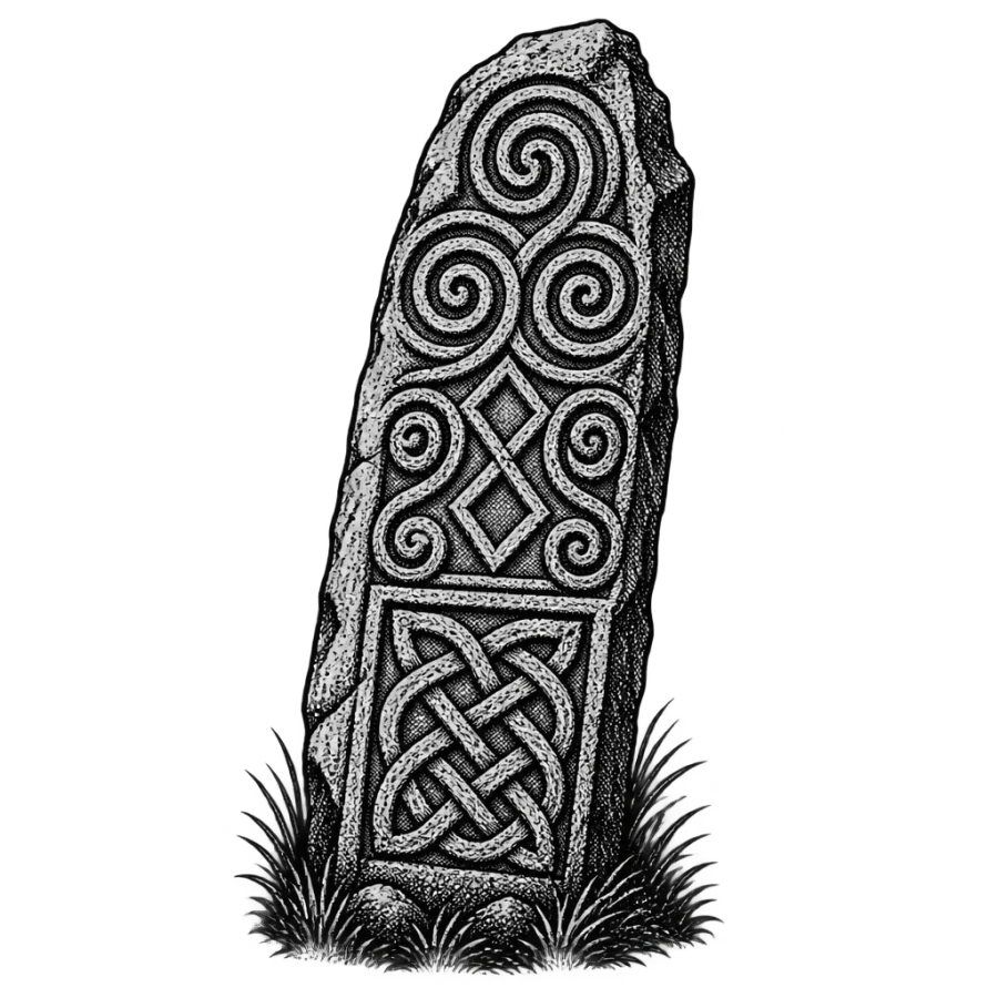 Engraved woodcut tattoo design of a Celtic standing stone with carved spirals