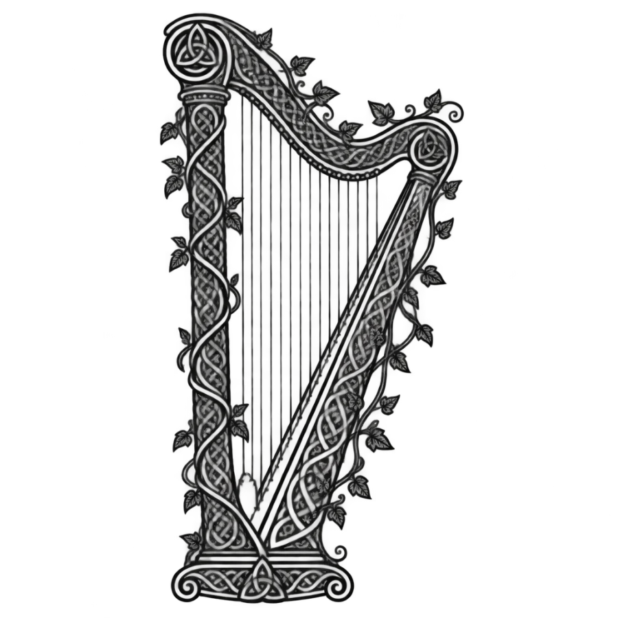 Ornamental filigree tattoo design of a Celtic harp wreathed in knotwork vines