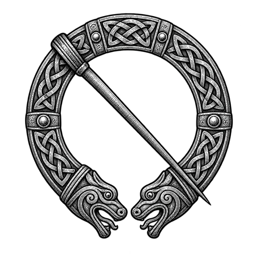 Engraved Celtic ring brooch tattoo design with knotwork and beast heads