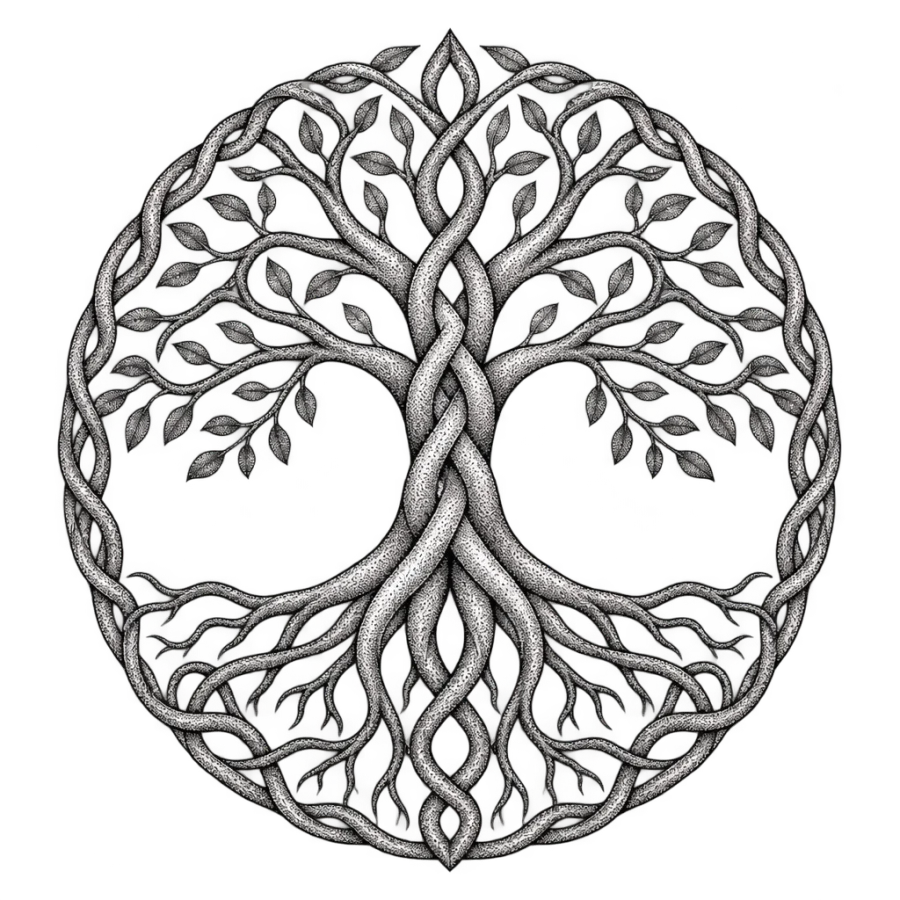 Dotwork Celtic tattoo design of a tree of life forming a closed circle
