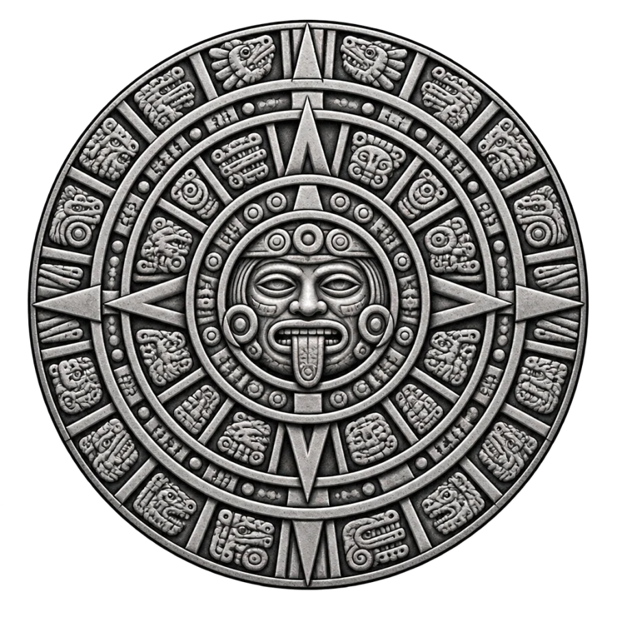 Chicano black and grey tattoo design of a carved stone sun disc calendar