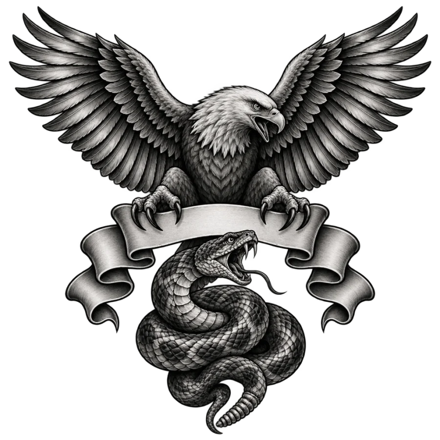 Chicano black and grey tattoo design of an eagle, banner and coiled serpent
