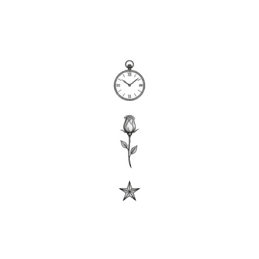 Chicano micro fine line tattoo design stacking a clock, rose bud and star