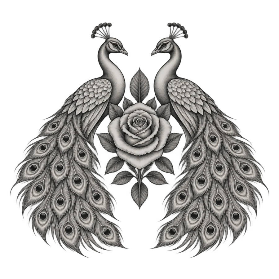 Chicano style mirrored peacock pair tattoo design around a rose