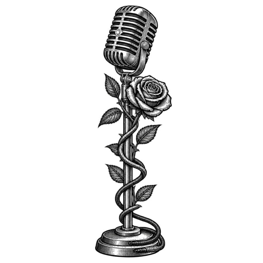 Engraved vintage microphone and rose tattoo design with hatched shading