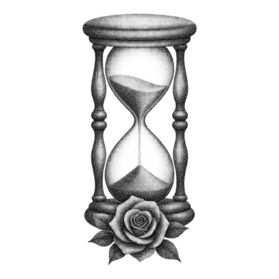 Dotwork hourglass and rose tattoo design built from graded dots