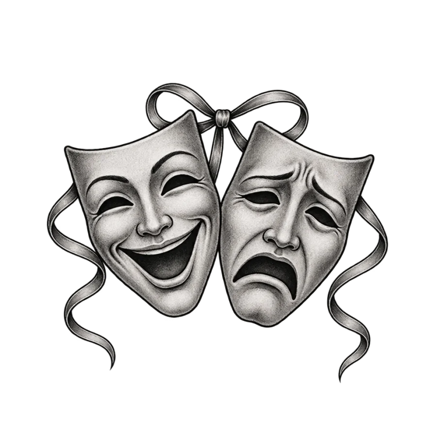 Chicano black and grey tattoo design of laugh now cry later theatre masks