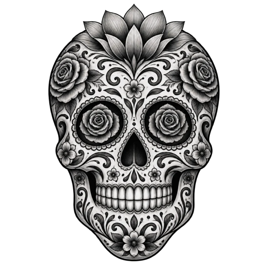 Chicano black and grey tattoo design of a sugar skull decorated with roses