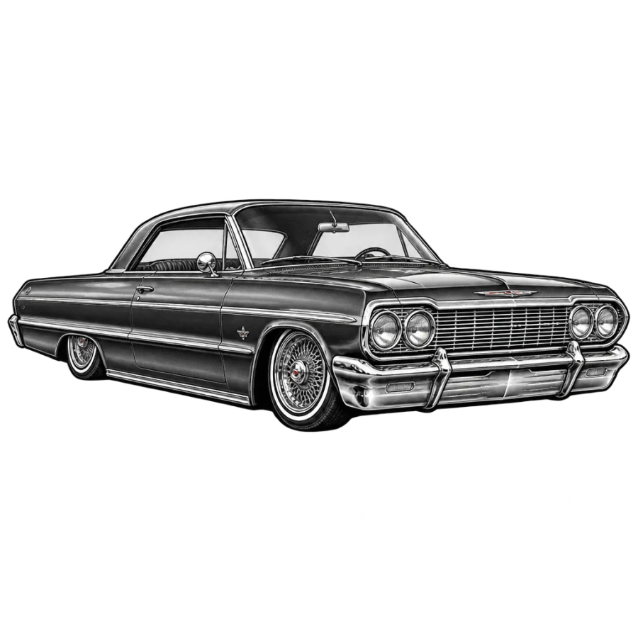Chicano black and grey tattoo design of a lowrider car with chrome detail