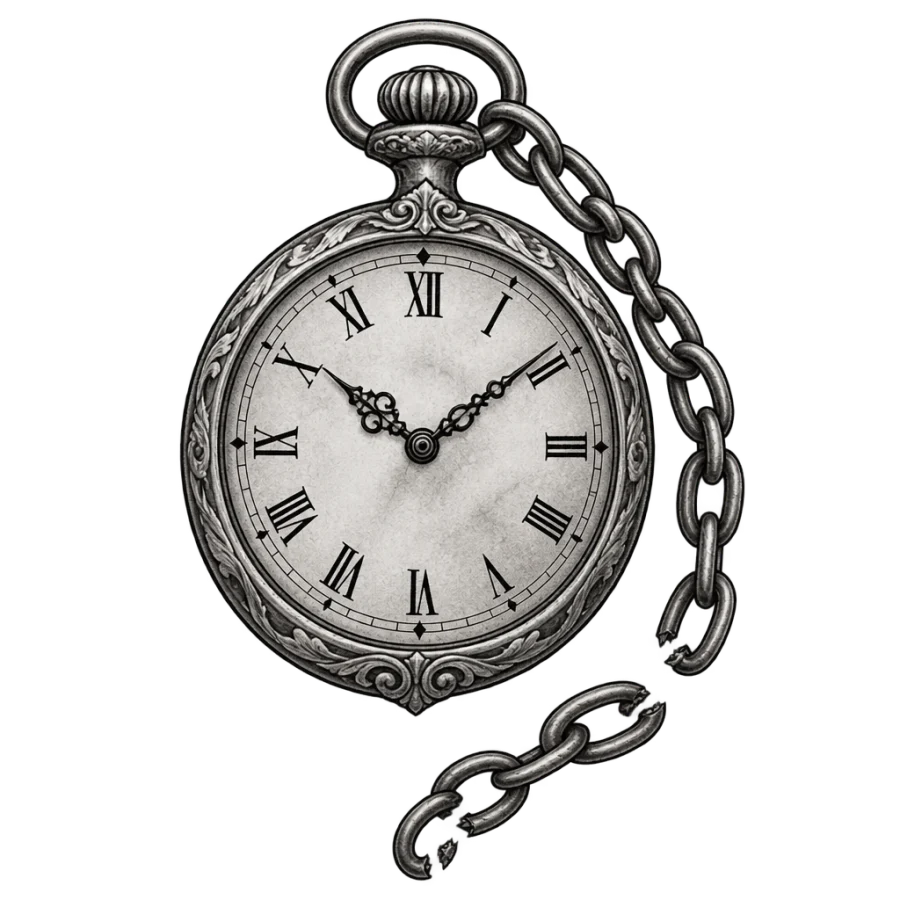 Chicano black and grey tattoo design of a pocket watch with a broken chain