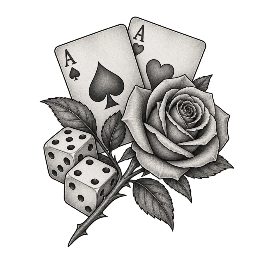 Chicano black and grey tattoo design of dice, cards and a single rose