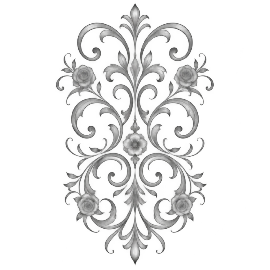 Chicano fine line tattoo design of a symmetrical filigree scrollwork panel