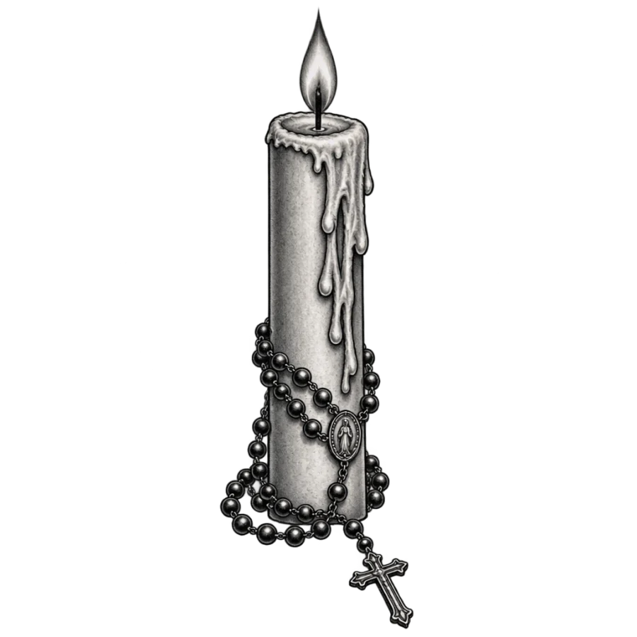 Chicano black and grey tattoo design of a devotional candle with a rosary