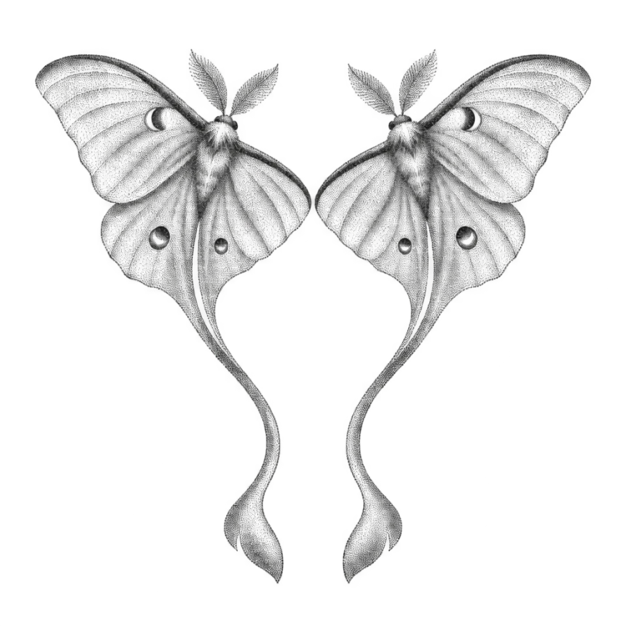 Dotwork mirrored luna moth pair tattoo design built only from stippled dots