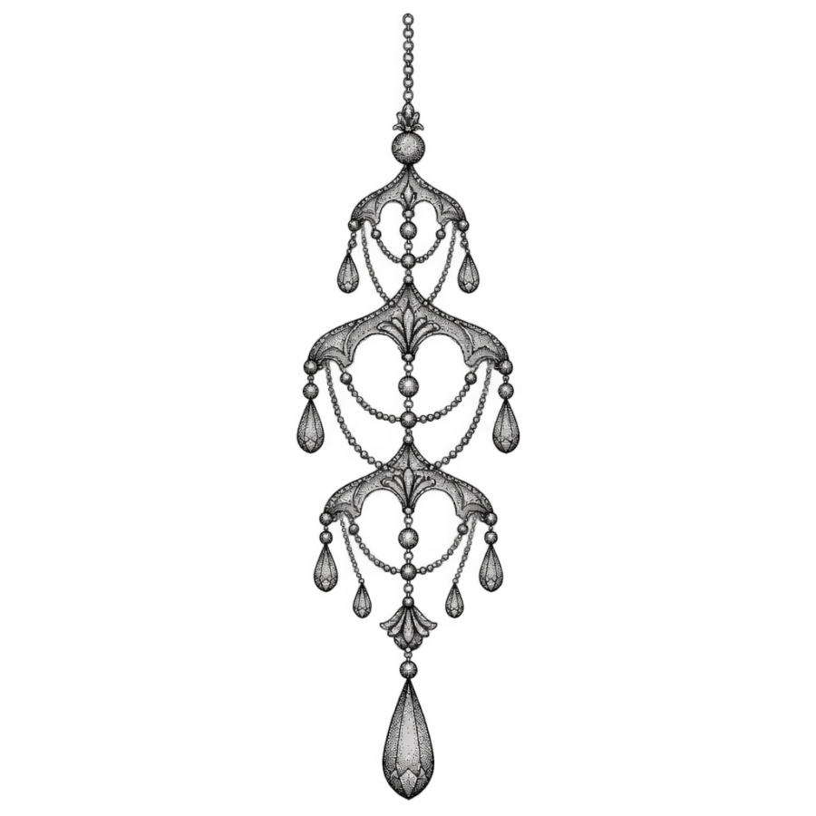 Dotwork ornamental chandelier drop tattoo design with beads and pendant