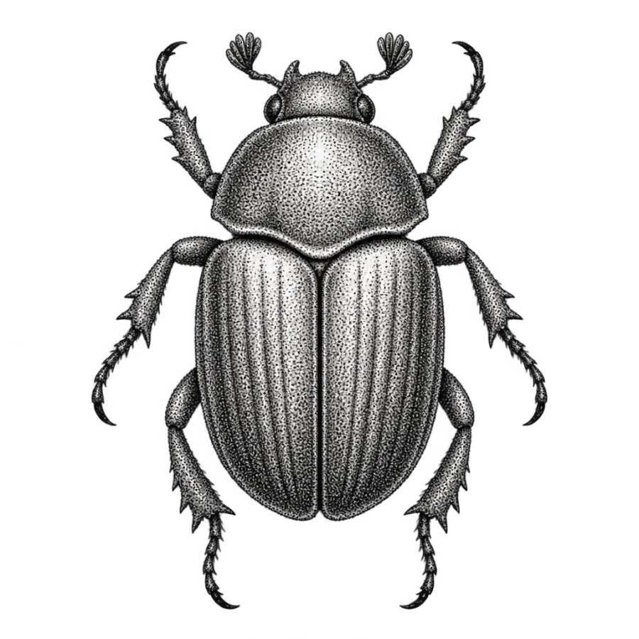 Dotwork tattoo design of a scarab beetle shaded entirely in stippled dots