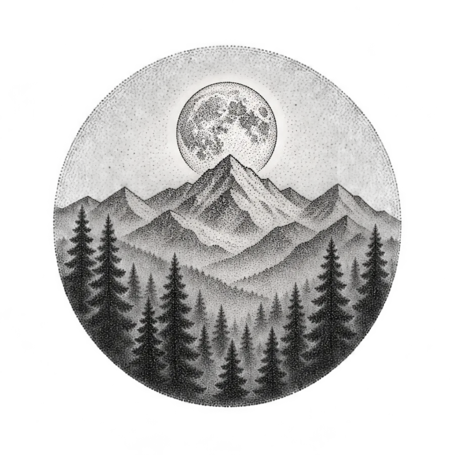 Dotwork tattoo design of a forest and mountain medallion in fine stippling